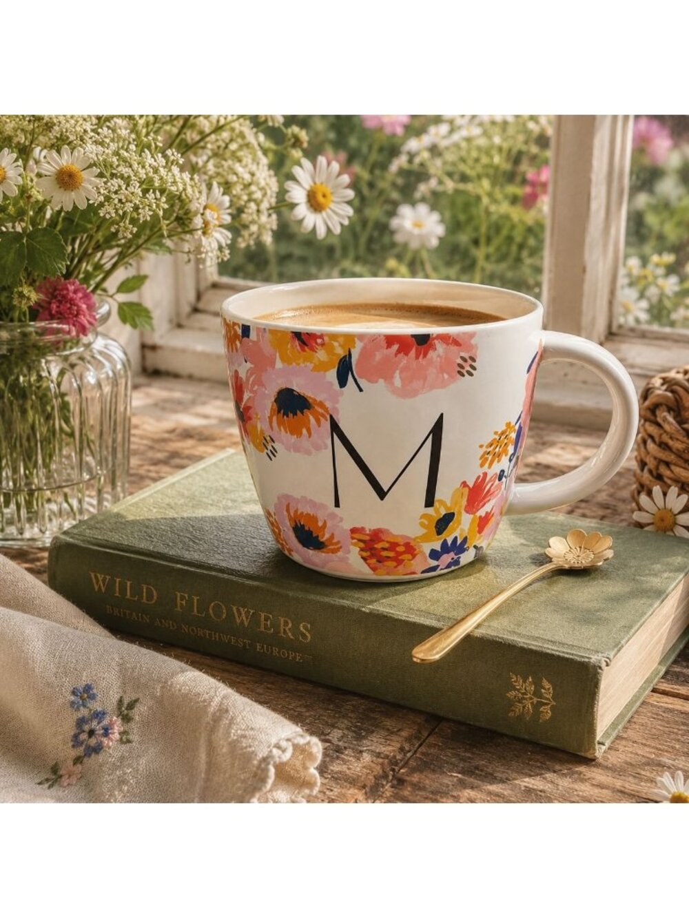 Opalhouse Coffee Mug Monogram M Colorful Floral Blooms Cottagecore Gift 16oz New